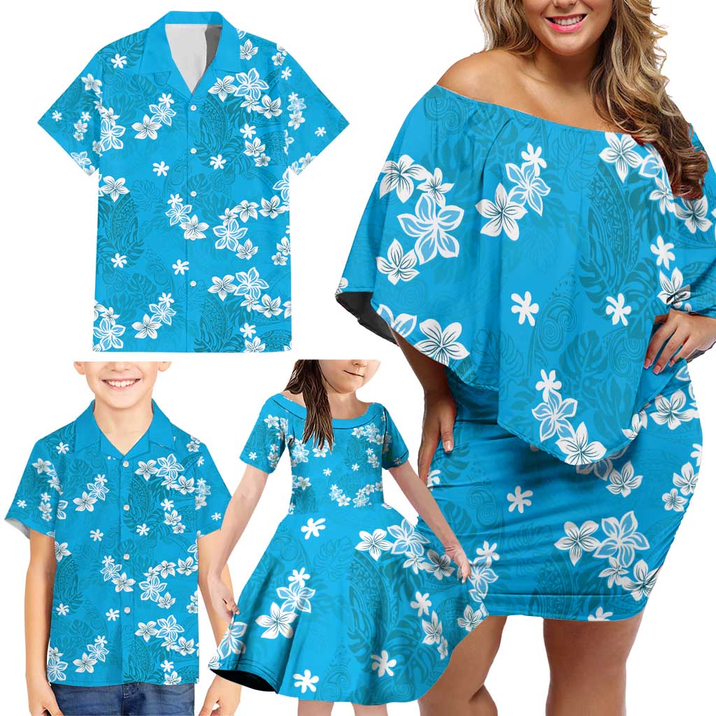 Hawaii Monstera Deliciosa Family Matching Off Shoulder Short Dress and Hawaiian Shirt Blue Plumeria Polynesian Pattern LT05 - Polynesian Pride