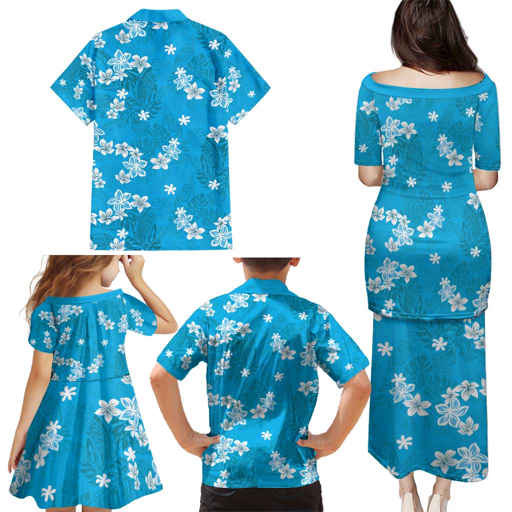 Hawaii Monstera Deliciosa Family Matching Puletasi and Hawaiian Shirt Blue Plumeria Polynesian Pattern - Polynesian Pride