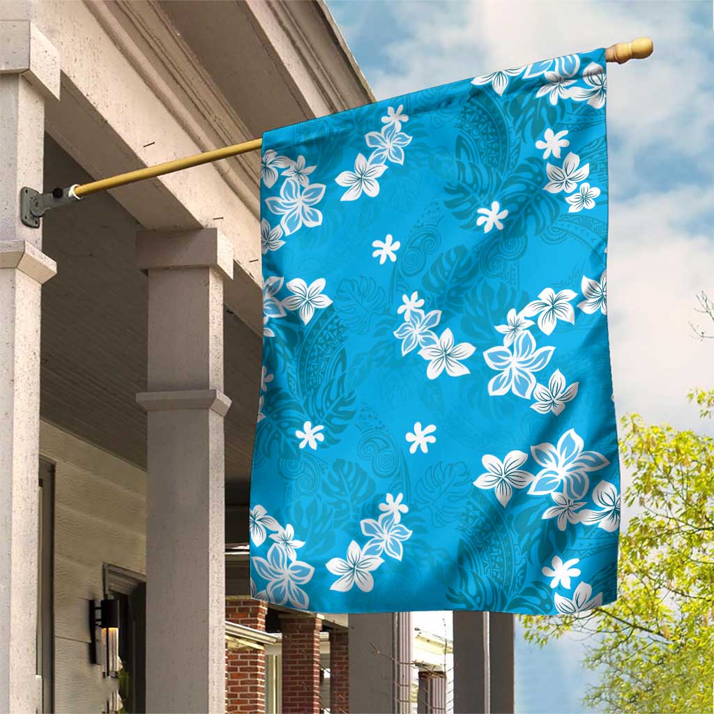 Hawaii Monstera Deliciosa Garden Flag Blue Plumeria Polynesian Pattern - Polynesian Pride