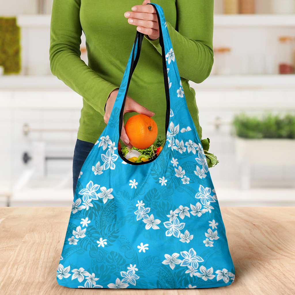 Hawaii Monstera Deliciosa Grocery Bag Blue Plumeria Polynesian Pattern - Polynesian Pride