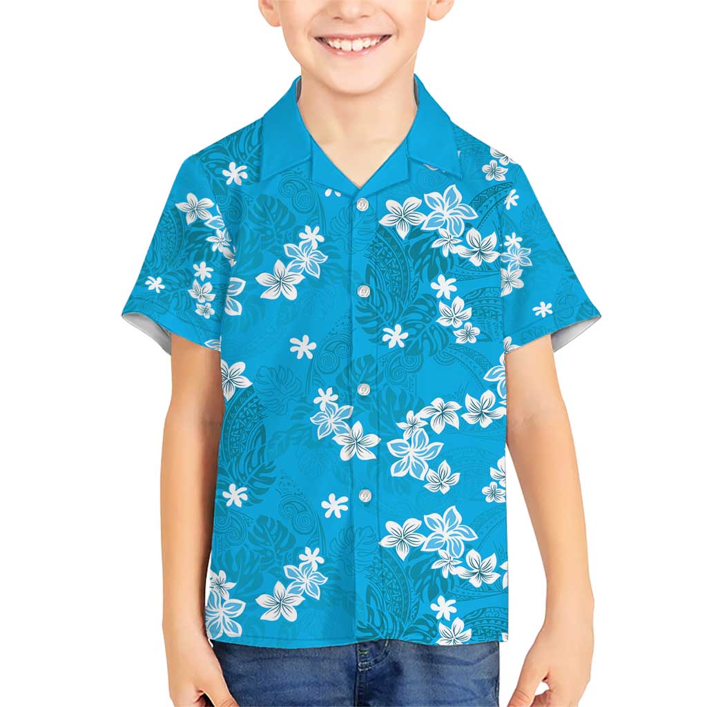 Hawaii Monstera Deliciosa Kid Hawaiian Shirt Blue Plumeria Polynesian Pattern - Polynesian Pride
