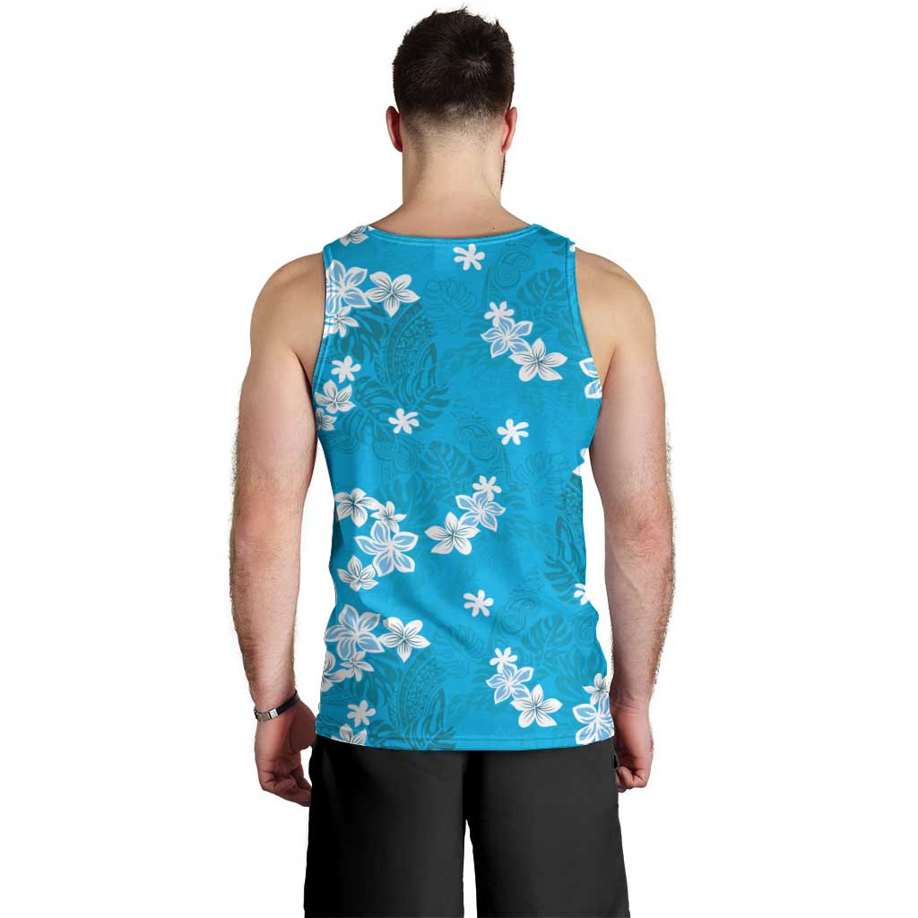 Hawaii Monstera Deliciosa Men Tank Top Blue Plumeria Polynesian Pattern - Polynesian Pride