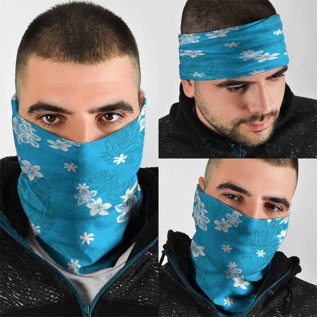 Hawaii Monstera Deliciosa Neck Gaiter Blue Plumeria Polynesian Pattern - Polynesian Pride