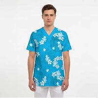 Hawaii Monstera Deliciosa Scrub Top Blue Plumeria Polynesian Pattern - Polynesian Pride
