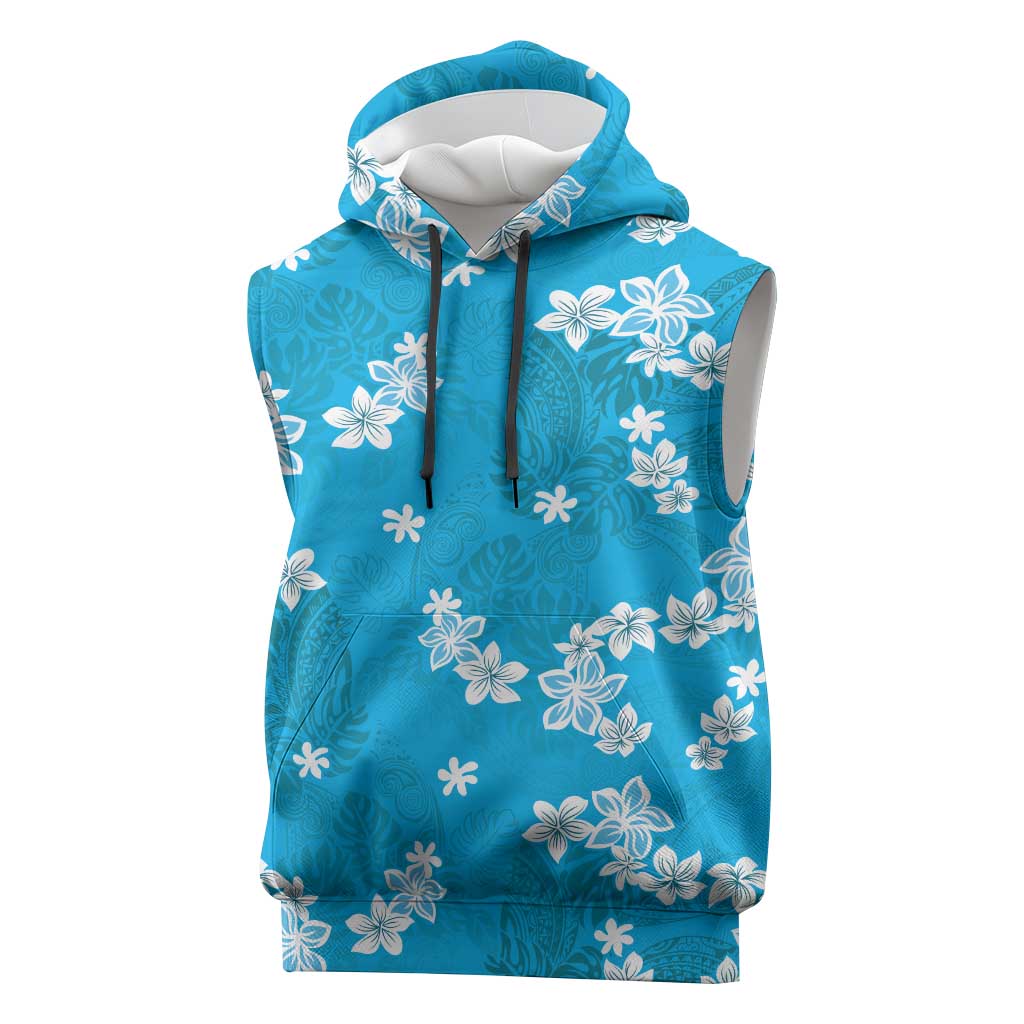 Hawaii Monstera Deliciosa Sleeveless Hoodie Blue Plumeria Polynesian Pattern LT05 Blue - Polynesian Pride