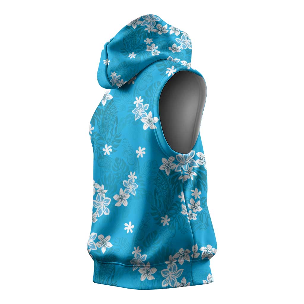Hawaii Monstera Deliciosa Sleeveless Hoodie Blue Plumeria Polynesian Pattern - Polynesian Pride