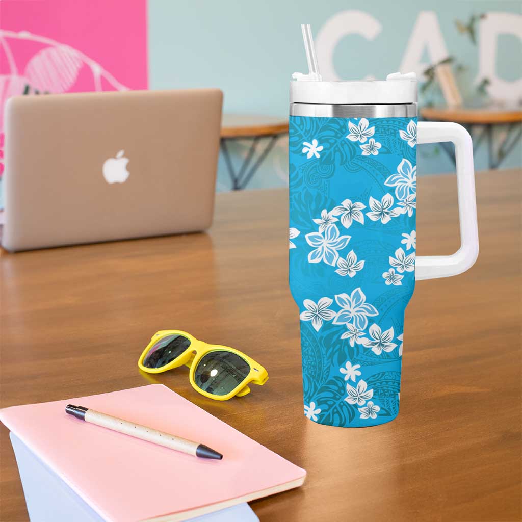 Hawaii Monstera Deliciosa Tumbler With Handle Blue Plumeria Polynesian Pattern - Polynesian Pride
