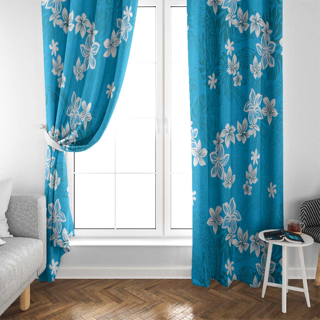 Hawaii Monstera Deliciosa Window Curtain Blue Plumeria Polynesian Pattern - Polynesian Pride