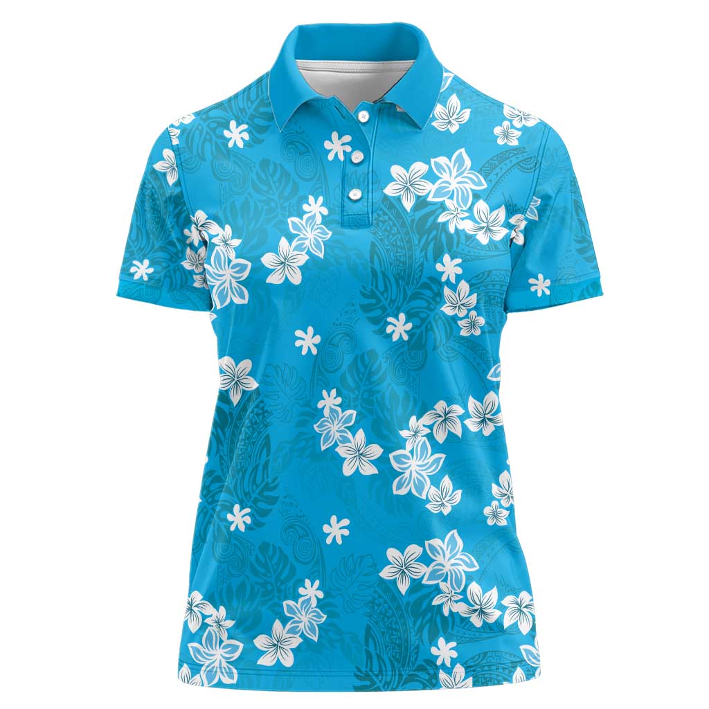 Hawaii Monstera Deliciosa Women Polo Shirt Blue Plumeria Polynesian Pattern LT05 Female Blue - Polynesian Pride
