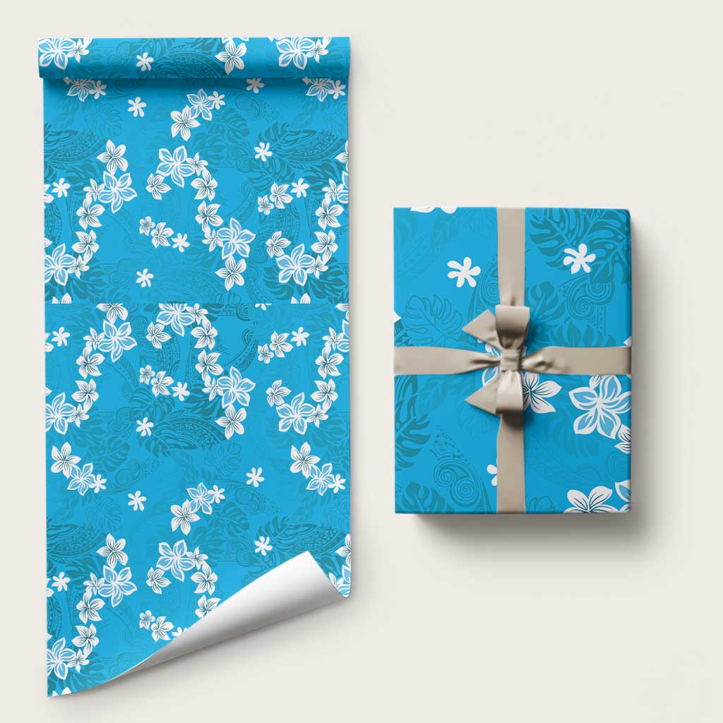 Hawaii Monstera Deliciosa Wrapping Paper Blue Plumeria Polynesian Pattern - Polynesian Pride