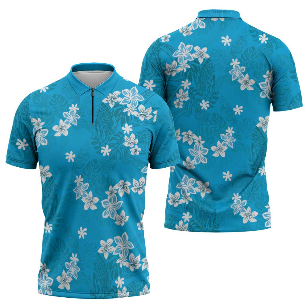 Hawaii Monstera Deliciosa Zipper Polo Shirt Blue Plumeria Polynesian Pattern - Polynesian Pride