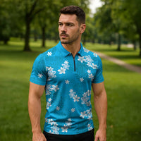 Hawaii Monstera Deliciosa Zipper Polo Shirt Blue Plumeria Polynesian Pattern - Polynesian Pride