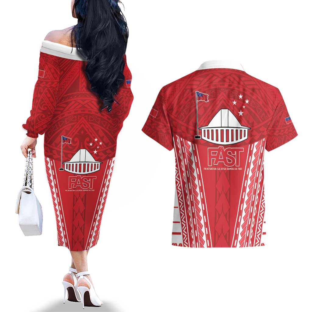 Samoa FAST Couples Matching Off The Shoulder Long Sleeve Dress and Hawaiian Shirt Forever Proud Samoan Tribal Pattern - Polynesian Pride
