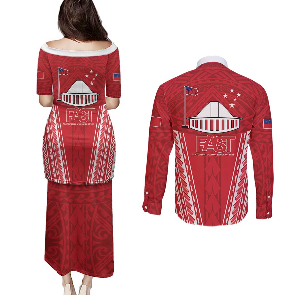 Samoa FAST Couples Matching Puletasi and Long Sleeve Button Shirt Forever Proud Samoan Tribal Pattern - Polynesian Pride