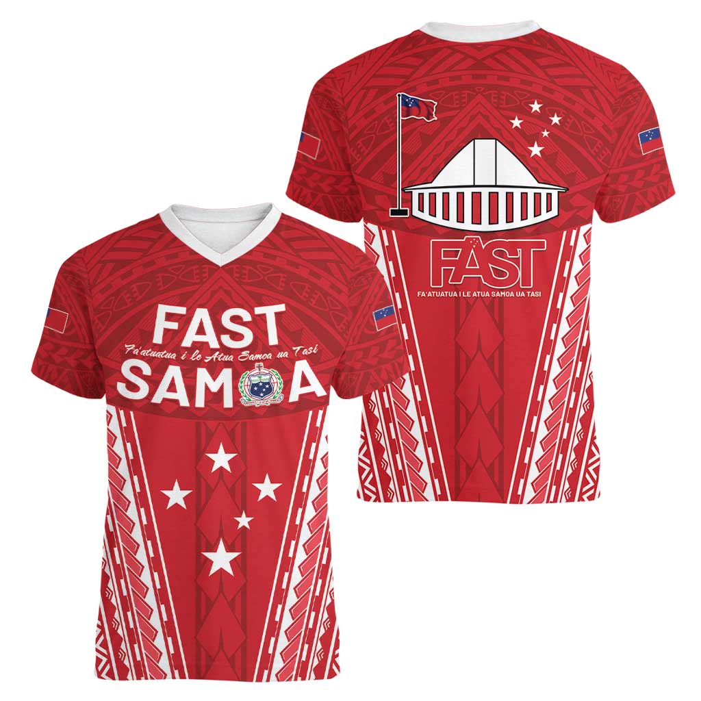 Samoa FAST Women V-Neck T-Shirt Forever Proud Samoan Tribal Pattern - Polynesian Pride