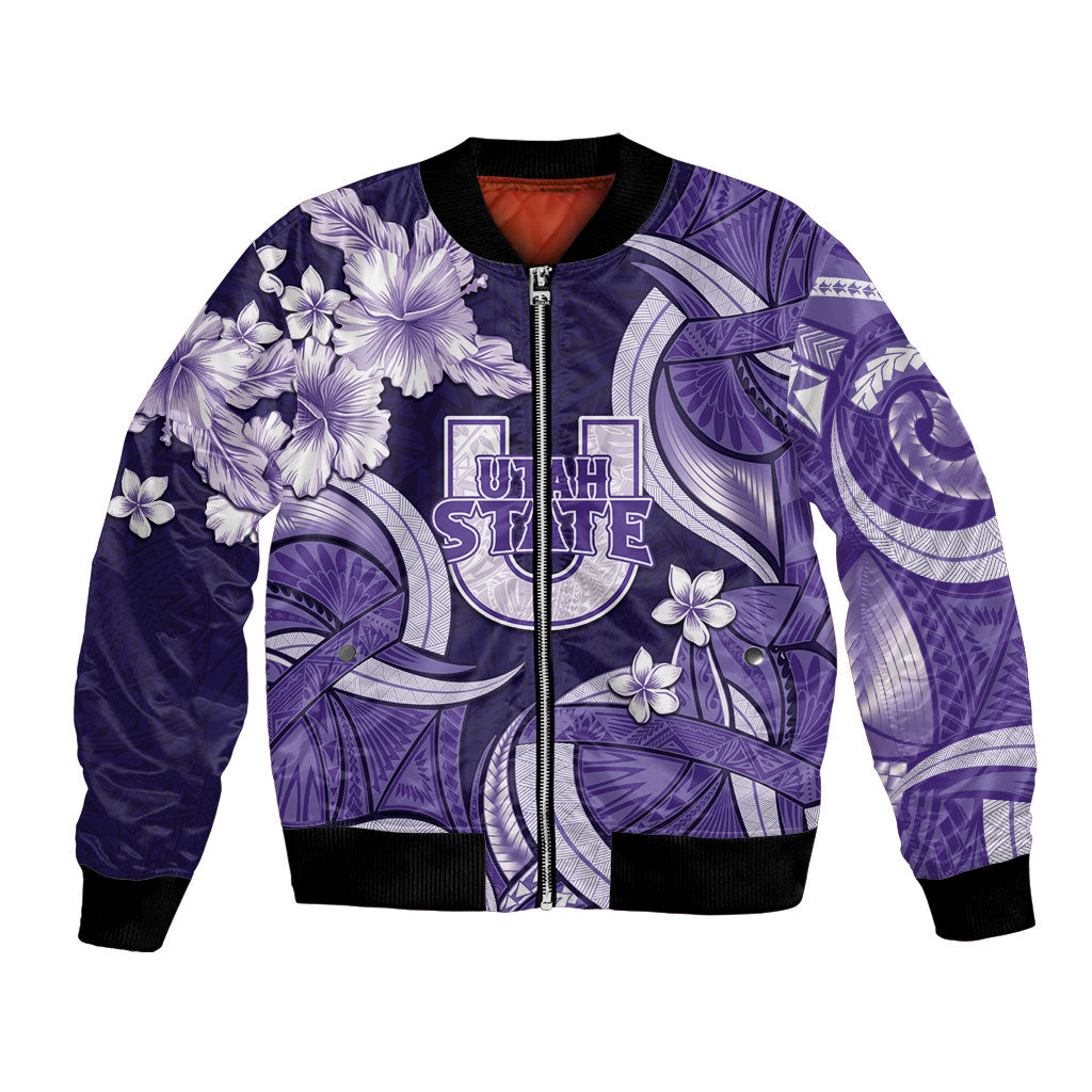 Utah State Polynesian Heritage Bomber Jacket Floral Tribal Pattern Tropical Flowers LT05 Unisex Purple - Polynesian Pride