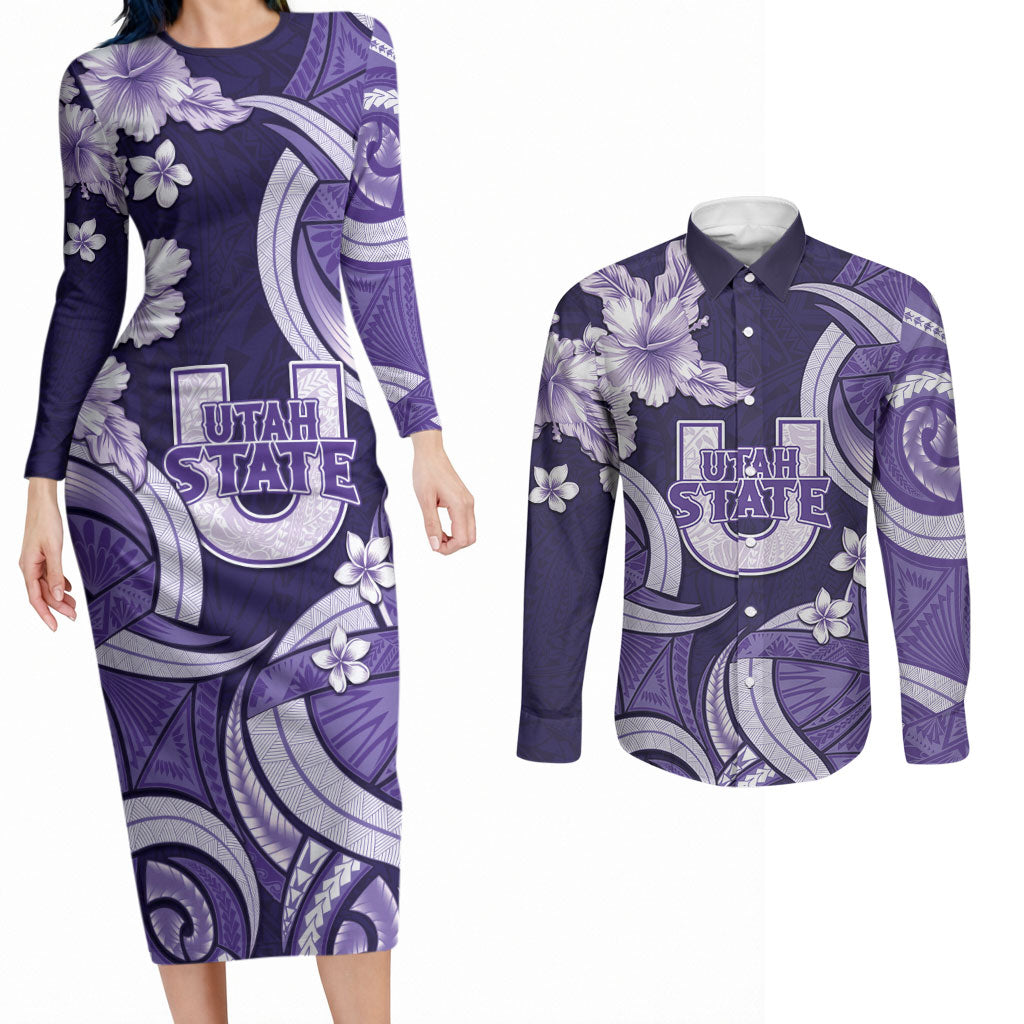 Utah State Polynesian Heritage Couples Matching Long Sleeve Bodycon Dress and Long Sleeve Button Shirt Floral Tribal Pattern Tropical Flowers LT05 Purple - Polynesian Pride