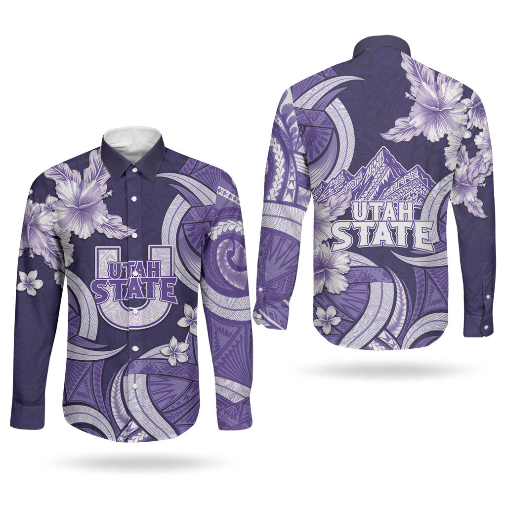 Utah State Polynesian Heritage Couples Matching Long Sleeve Bodycon Dress and Long Sleeve Button Shirt Floral Tribal Pattern Tropical Flowers LT05 - Polynesian Pride