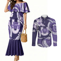Utah State Polynesian Heritage Couples Matching Mermaid Dress and Long Sleeve Button Shirt Floral Tribal Pattern Tropical Flowers LT05 Purple - Polynesian Pride