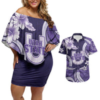 Utah State Polynesian Heritage Couples Matching Off Shoulder Short Dress and Hawaiian Shirt Floral Tribal Pattern Tropical Flowers LT05 Purple - Polynesian Pride