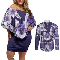 Utah State Polynesian Heritage Couples Matching Off Shoulder Short Dress and Long Sleeve Button Shirt Floral Tribal Pattern Tropical Flowers LT05 Purple - Polynesian Pride
