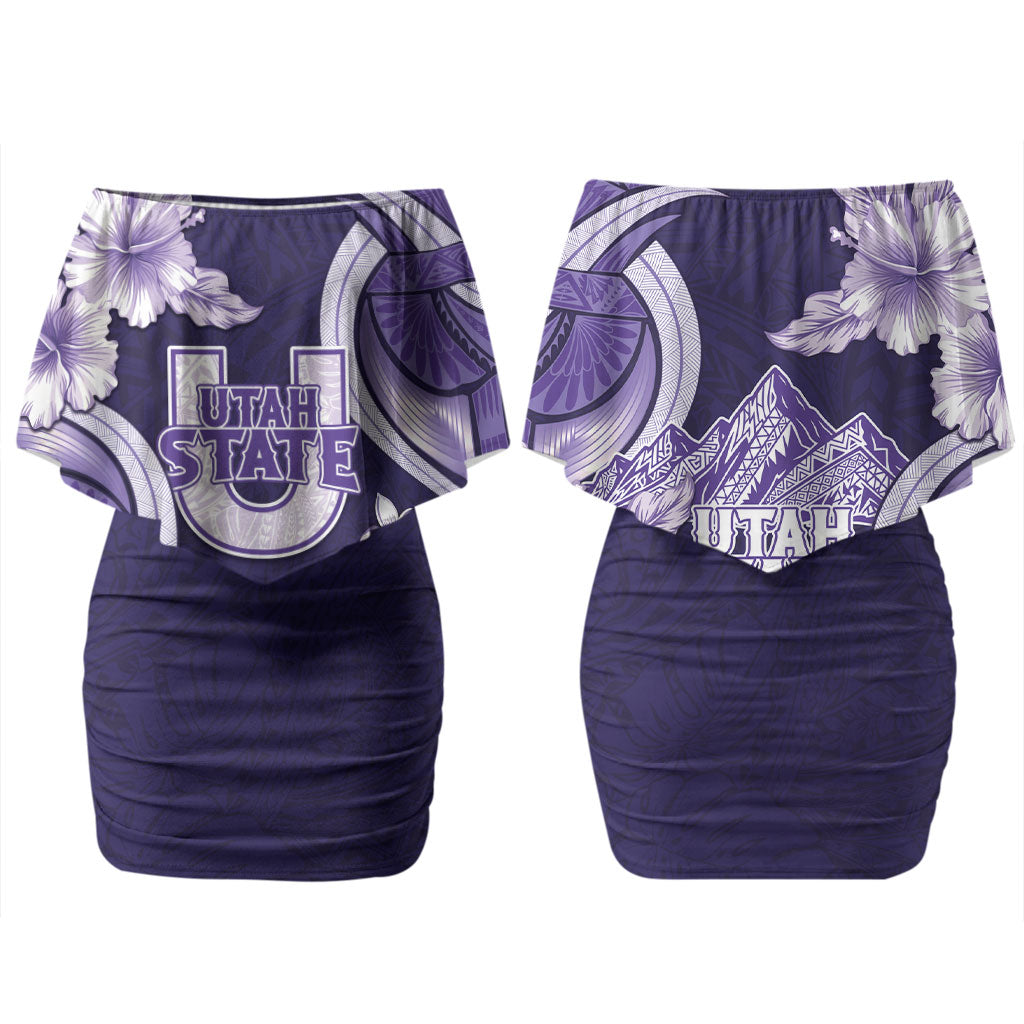 Utah State Polynesian Heritage Couples Matching Off Shoulder Short Dress and Long Sleeve Button Shirt Floral Tribal Pattern Tropical Flowers LT05 - Polynesian Pride