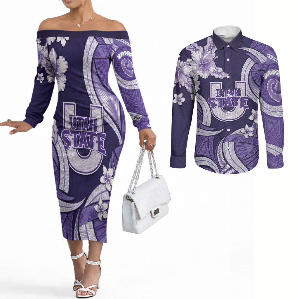 Utah State Polynesian Heritage Couples Matching Off The Shoulder Long Sleeve Dress and Long Sleeve Button Shirt Floral Tribal Pattern Tropical Flowers LT05 Purple - Polynesian Pride