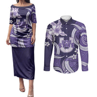 Utah State Polynesian Heritage Couples Matching Puletasi and Long Sleeve Button Shirt Floral Tribal Pattern Tropical Flowers LT05 Purple - Polynesian Pride