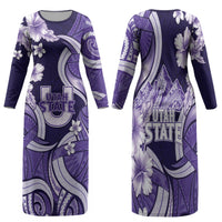 Utah State Polynesian Heritage Family Matching Long Sleeve Bodycon Dress and Hawaiian Shirt Floral Tribal Pattern Tropical Flowers LT05 Mom's Dress Purple - Polynesian Pride