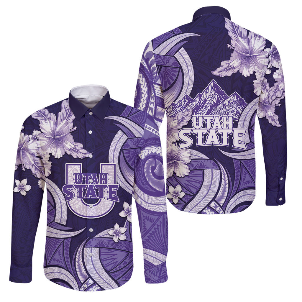 Utah State Polynesian Heritage Family Matching Long Sleeve Bodycon Dress and Hawaiian Shirt Floral Tribal Pattern Tropical Flowers LT05 Dad's Shirt - Long Sleeve Purple - Polynesian Pride