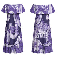 Utah State Polynesian Heritage Family Matching Off Shoulder Maxi Dress and Hawaiian Shirt Floral Tribal Pattern Tropical Flowers LT05 Mom's Dress Purple - Polynesian Pride