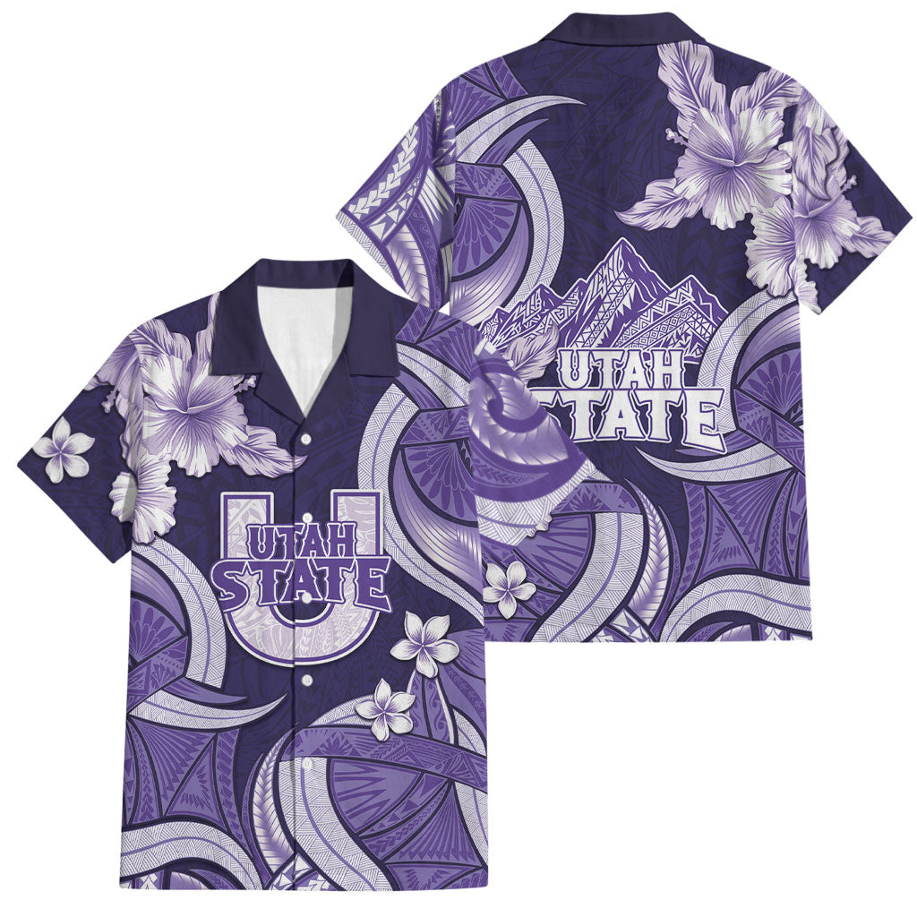 Utah State Polynesian Heritage Family Matching Off Shoulder Maxi Dress and Hawaiian Shirt Floral Tribal Pattern Tropical Flowers LT05 Dad's Shirt - Short Sleeve Purple - Polynesian Pride