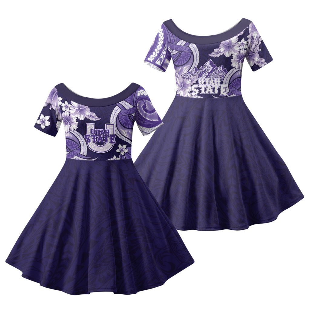 Utah State Polynesian Heritage Family Matching Puletasi and Hawaiian Shirt Floral Tribal Pattern Tropical Flowers LT05 Daughter's Dress Purple - Polynesian Pride