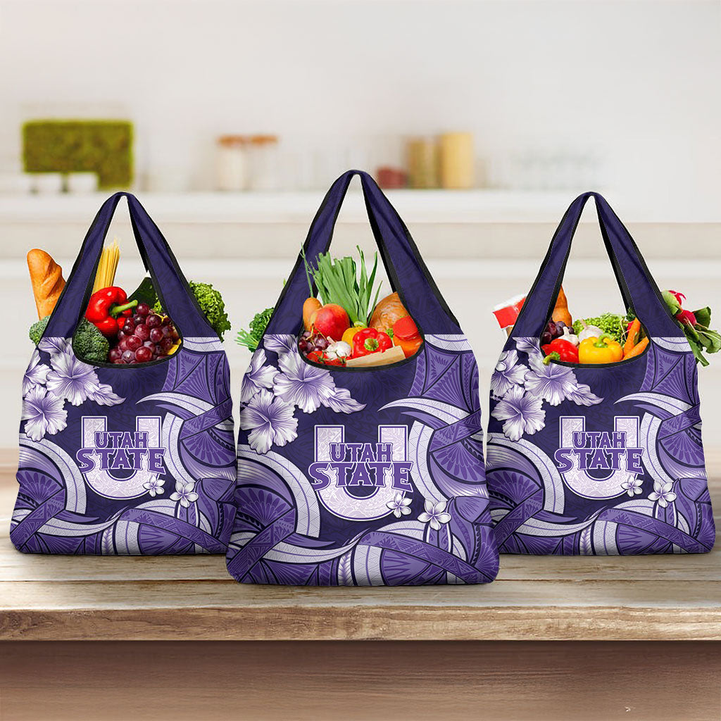 Utah State Polynesian Heritage Grocery Bag Floral Tribal Pattern Tropical Flowers LT05 3-pack One Size Purple - Polynesian Pride