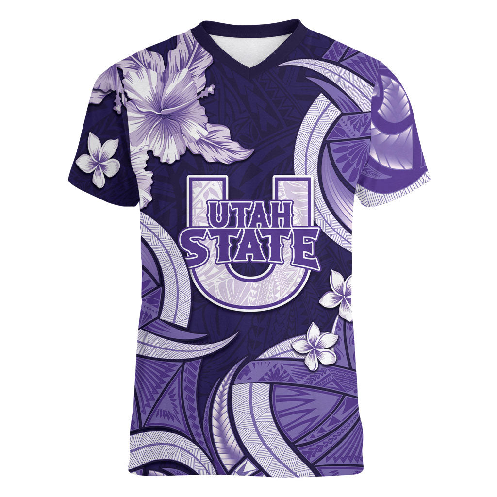 Utah State Polynesian Heritage Women V-Neck T-Shirt Floral Tribal Pattern Tropical Flowers LT05 Female Purple - Polynesian Pride