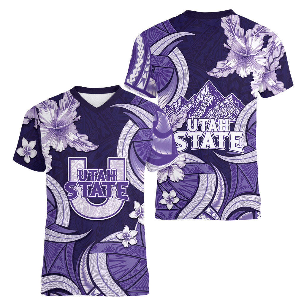 Utah State Polynesian Heritage Women V-Neck T-Shirt Floral Tribal Pattern Tropical Flowers LT05 - Polynesian Pride