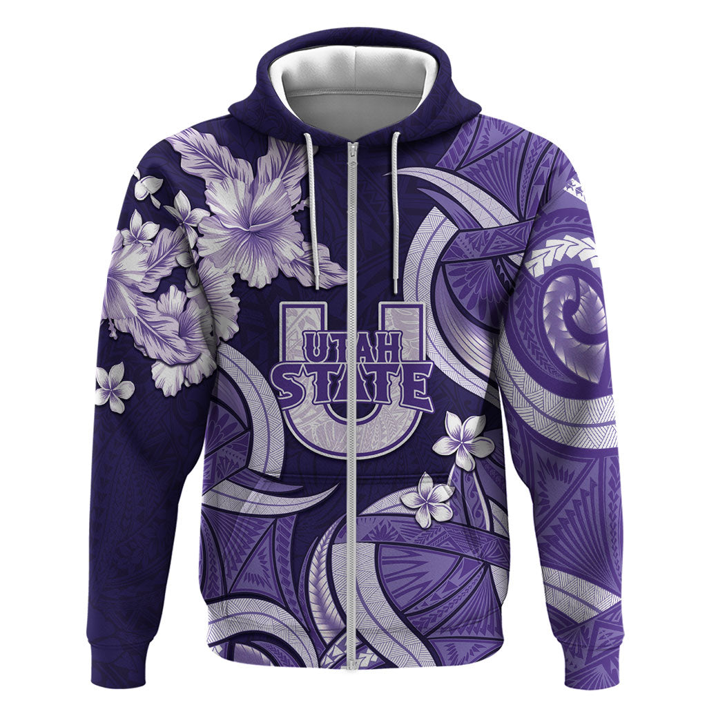 Utah State Polynesian Heritage Zip Hoodie Floral Tribal Pattern Tropical Flowers LT05 Zip Hoodie Purple - Polynesian Pride