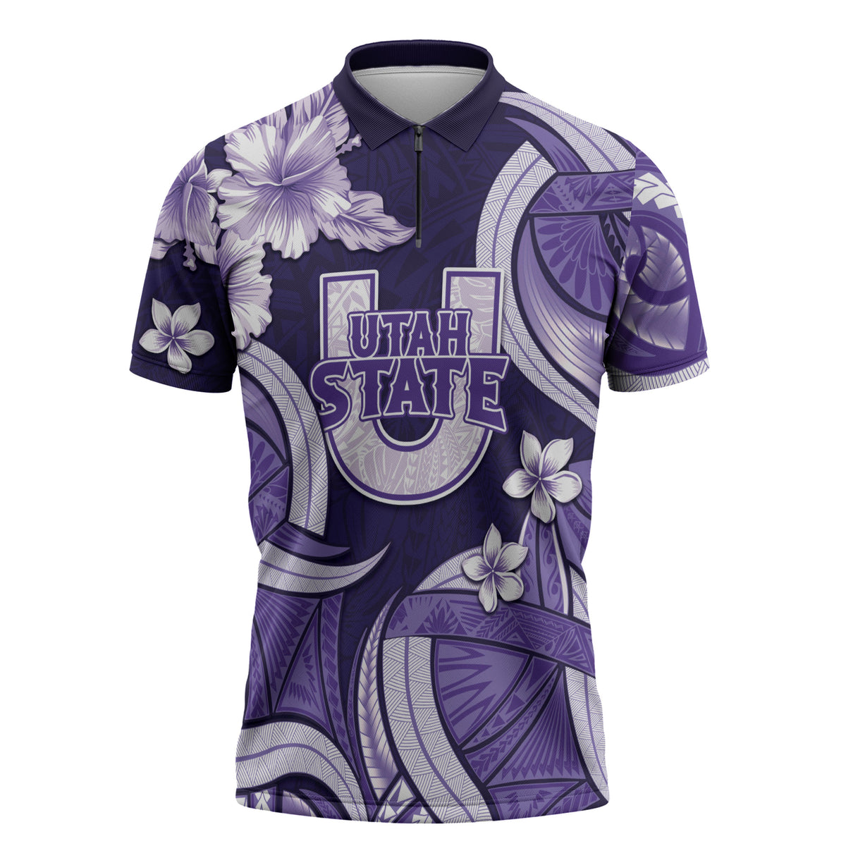 Utah State Polynesian Heritage Zipper Polo Shirt Floral Tribal Pattern Tropical Flowers LT05 Purple - Polynesian Pride