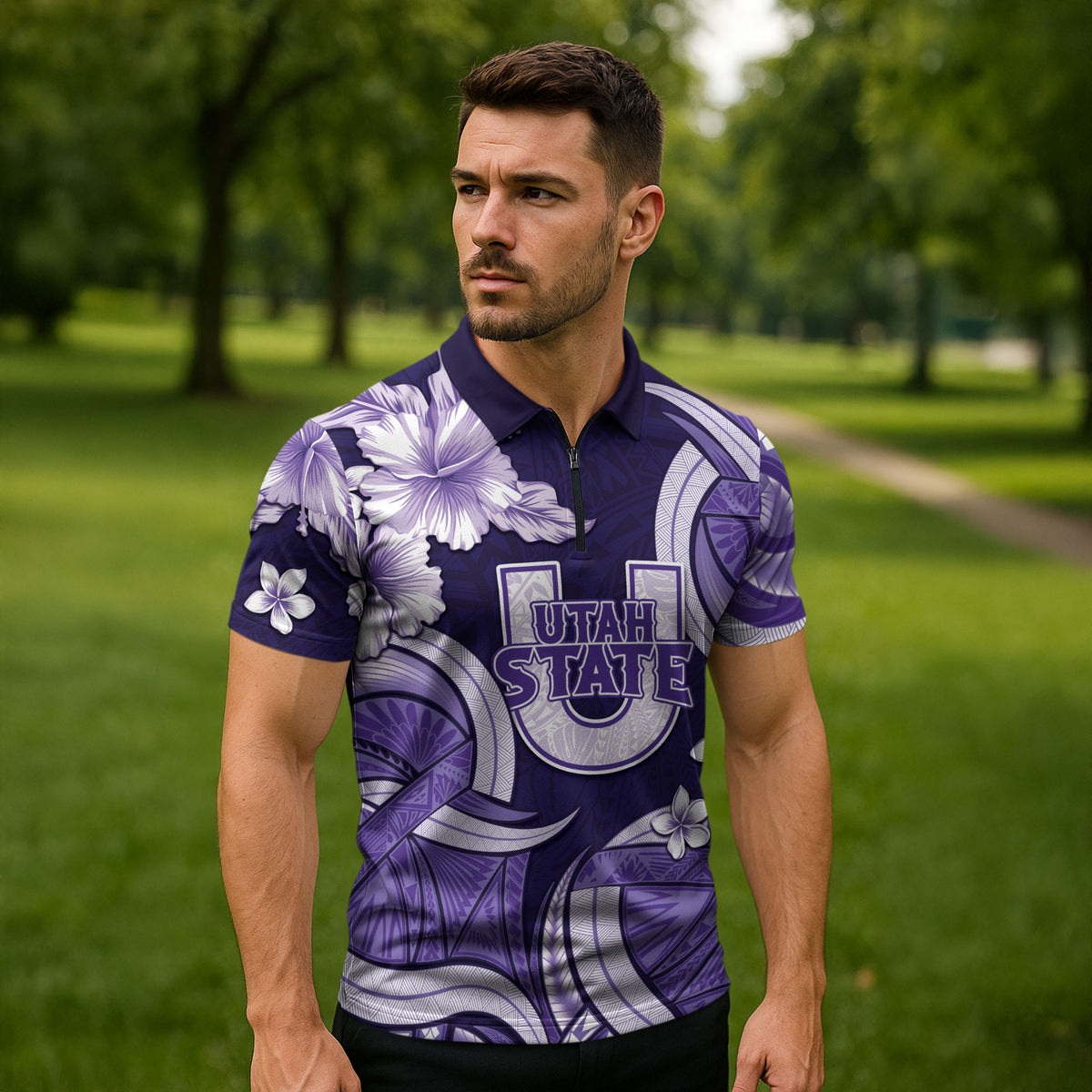 Utah State Polynesian Heritage Zipper Polo Shirt Floral Tribal Pattern Tropical Flowers LT05 - Polynesian Pride