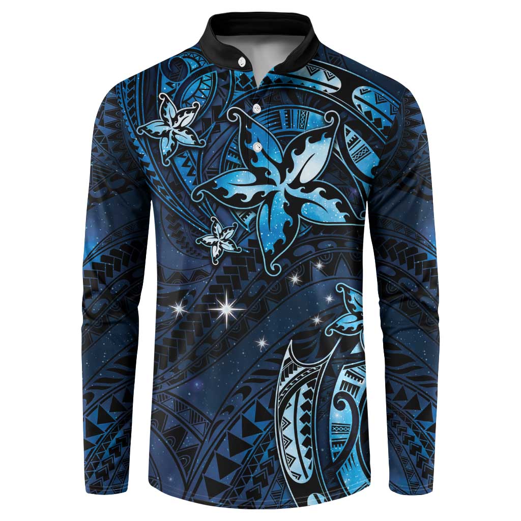 Hawaii Makahiki Season Button Sweatshirt Floral Tribal Tattoo Blue Galaxy