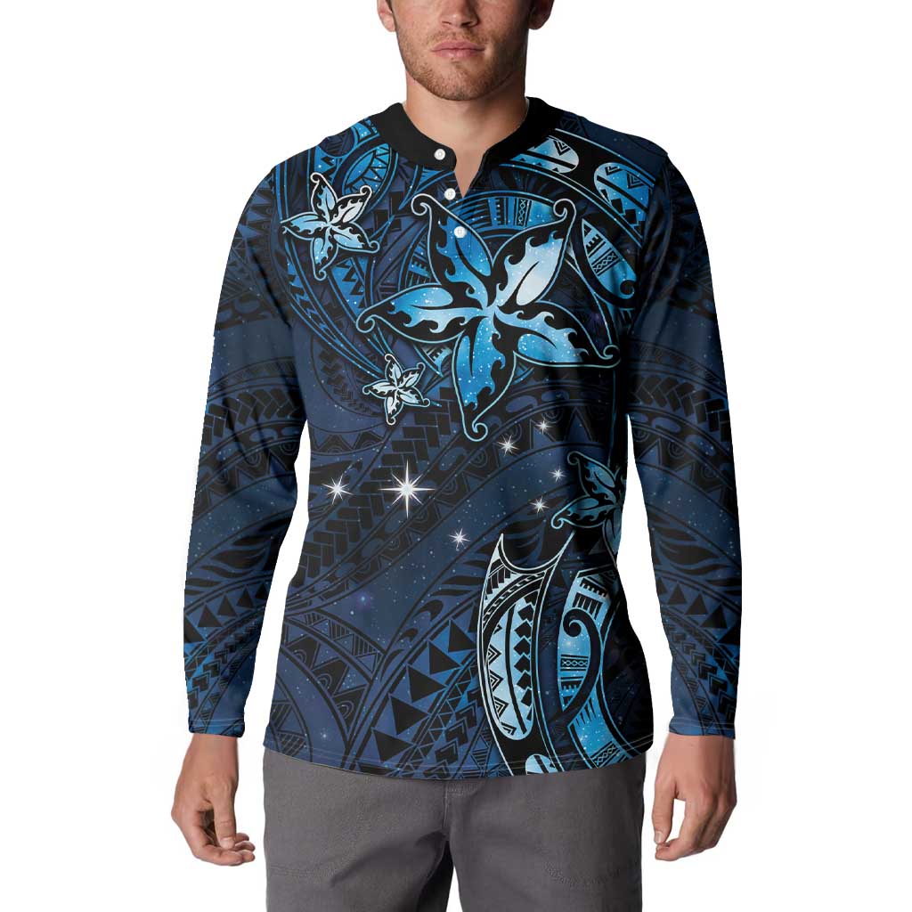 Hawaii Makahiki Season Button Sweatshirt Floral Tribal Tattoo Blue Galaxy