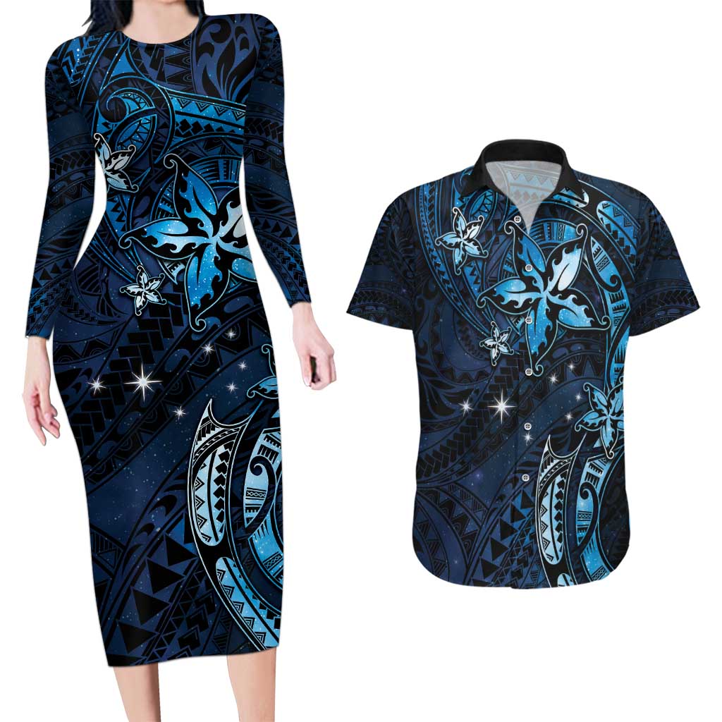 Hawaii Makahiki Season Couples Matching Long Sleeve Bodycon Dress and Hawaiian Shirt Floral Tribal Tattoo Blue Galaxy LT05 Blue - Polynesian Pride