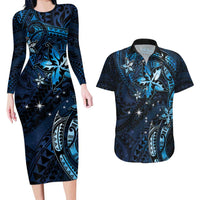 Hawaii Makahiki Season Couples Matching Long Sleeve Bodycon Dress and Hawaiian Shirt Floral Tribal Tattoo Blue Galaxy LT05 Blue - Polynesian Pride