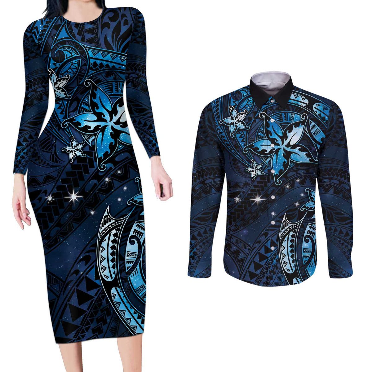 Hawaii Makahiki Season Couples Matching Long Sleeve Bodycon Dress and Long Sleeve Button Shirt Floral Tribal Tattoo Blue Galaxy LT05 Blue - Polynesian Pride