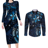 Hawaii Makahiki Season Couples Matching Long Sleeve Bodycon Dress and Long Sleeve Button Shirt Floral Tribal Tattoo Blue Galaxy LT05 Blue - Polynesian Pride