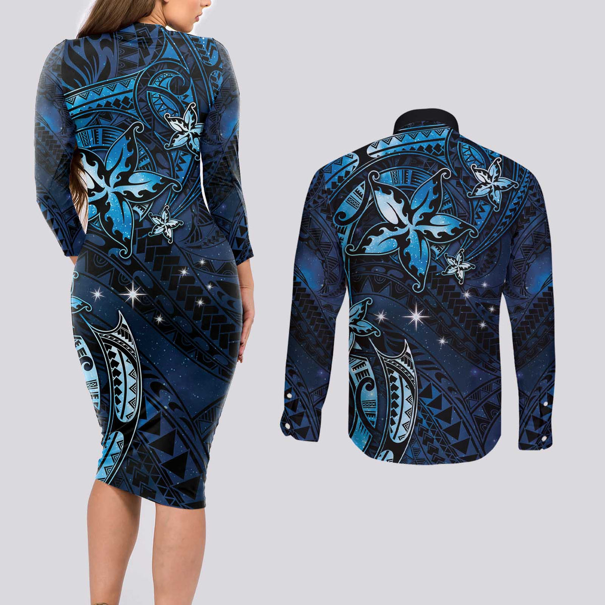 Hawaii Makahiki Season Couples Matching Long Sleeve Bodycon Dress and Long Sleeve Button Shirt Floral Tribal Tattoo Blue Galaxy LT05 - Polynesian Pride