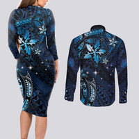 Hawaii Makahiki Season Couples Matching Long Sleeve Bodycon Dress and Long Sleeve Button Shirt Floral Tribal Tattoo Blue Galaxy LT05 - Polynesian Pride