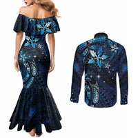 Hawaii Makahiki Season Couples Matching Mermaid Dress and Long Sleeve Button Shirt Floral Tribal Tattoo Blue Galaxy LT05 - Polynesian Pride