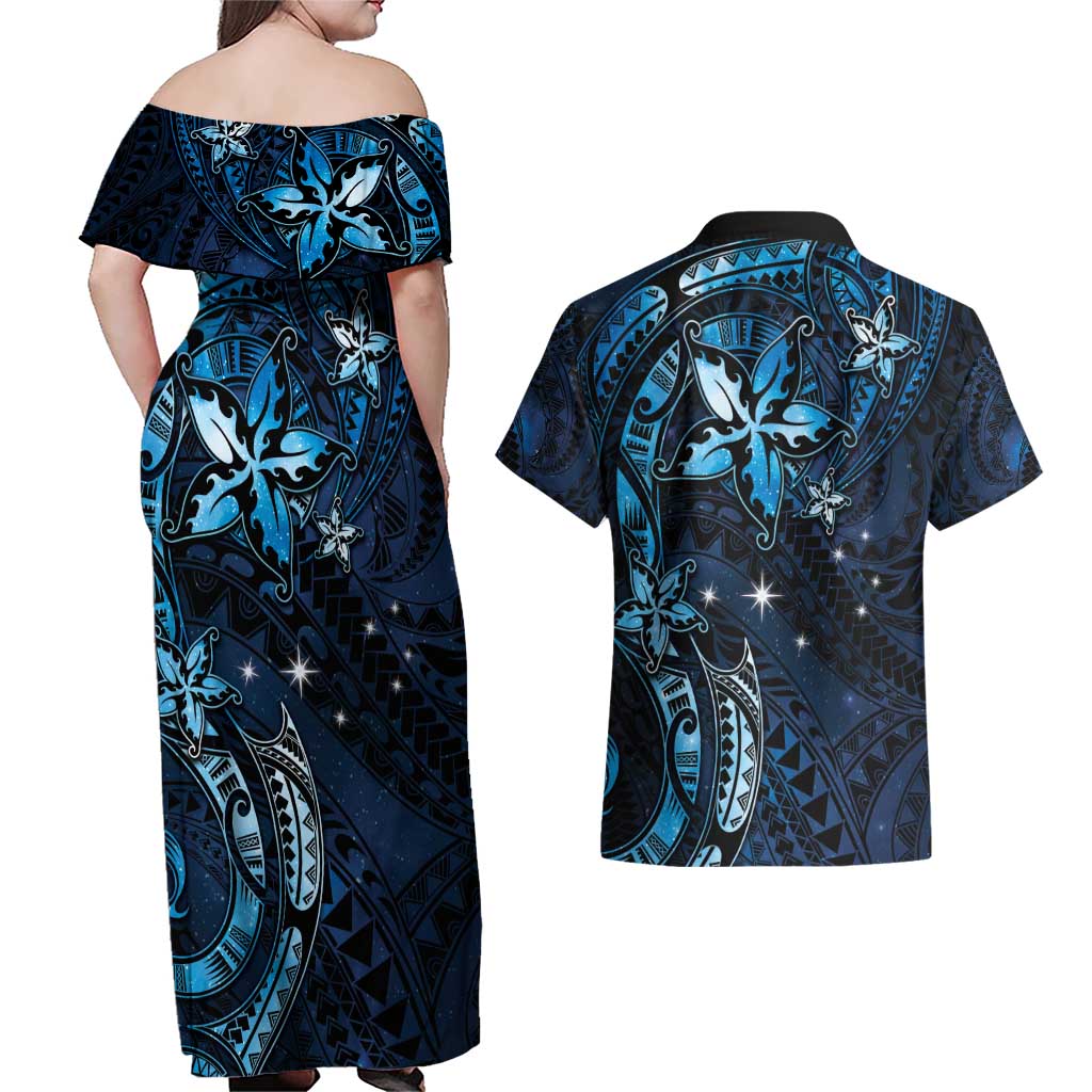 Hawaii Makahiki Season Couples Matching Off Shoulder Maxi Dress and Hawaiian Shirt Floral Tribal Tattoo Blue Galaxy LT05 - Polynesian Pride