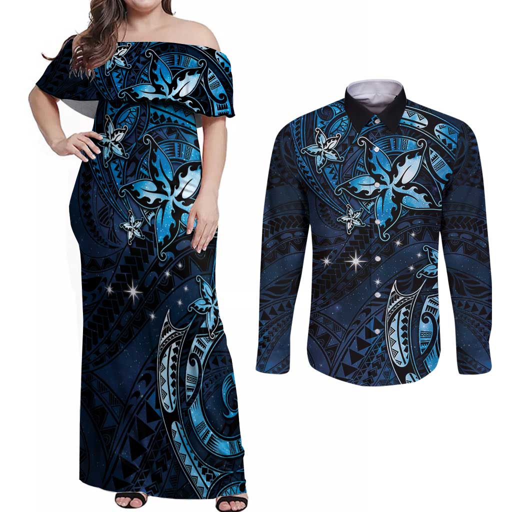 Hawaii Makahiki Season Couples Matching Off Shoulder Maxi Dress and Long Sleeve Button Shirt Floral Tribal Tattoo Blue Galaxy LT05 Blue - Polynesian Pride